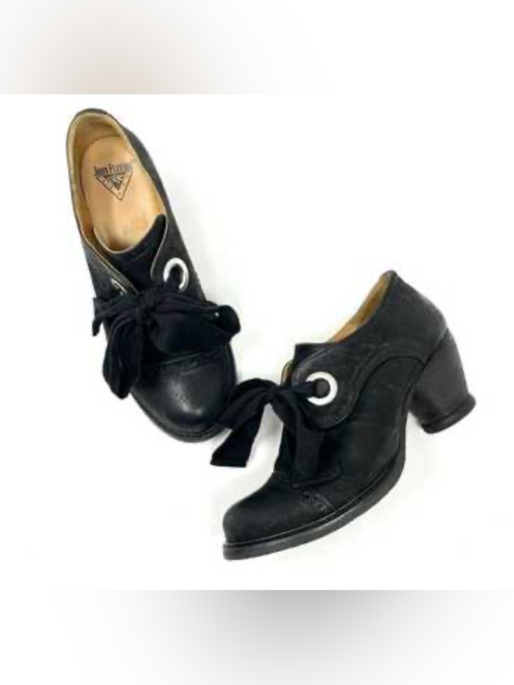 John Fluevog Black Leather Lace-Up Chunky Heel Ankle Booties with Ribbon Laces